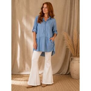 Chambray Denim Tunic Women’s Small  Roll Tab Sleeves Button Up Blue Lightweight